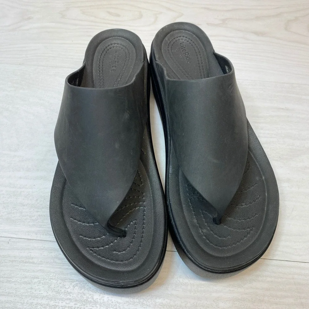 Crocs Womens 11 LiteRide 360 Platform Flip Flop Sandals Black Foam Wedge Casual